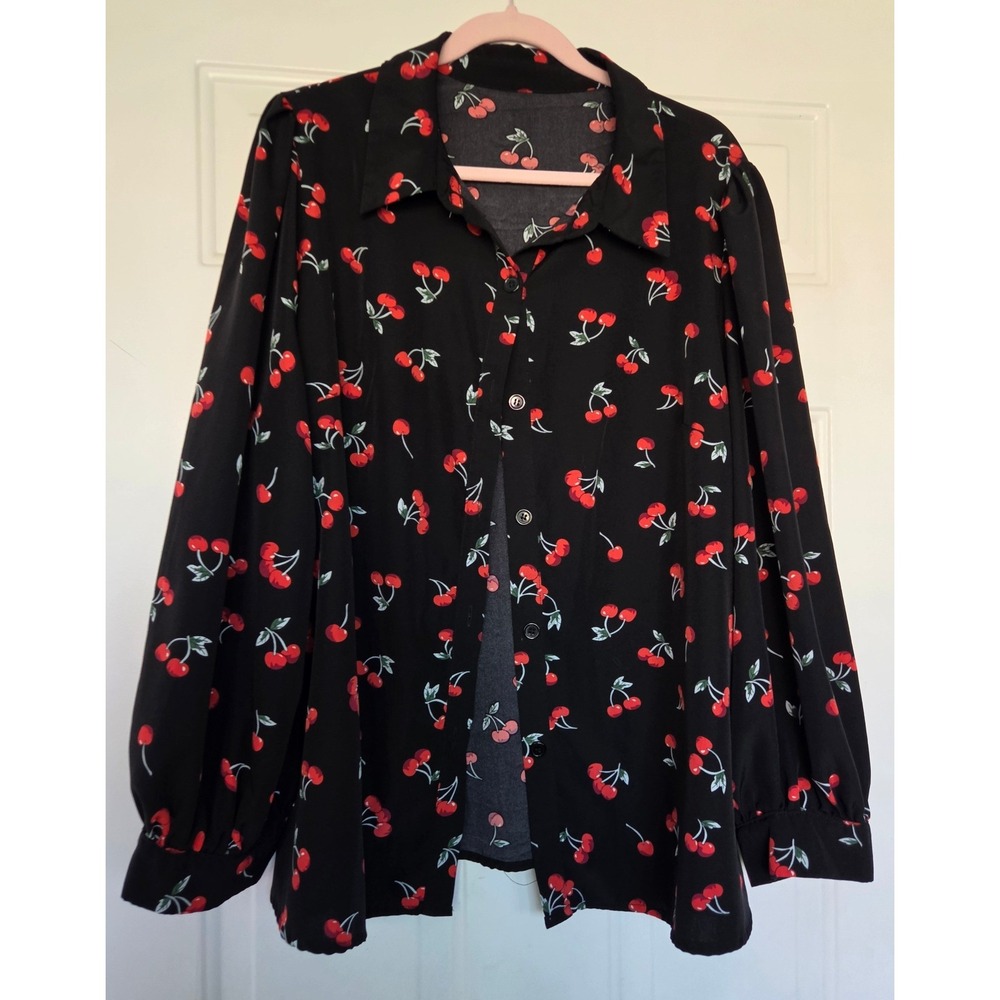 Vintage Style Cherry Print Blouse Plus Size 4XL Black Rockabilly Balloon Sleeve